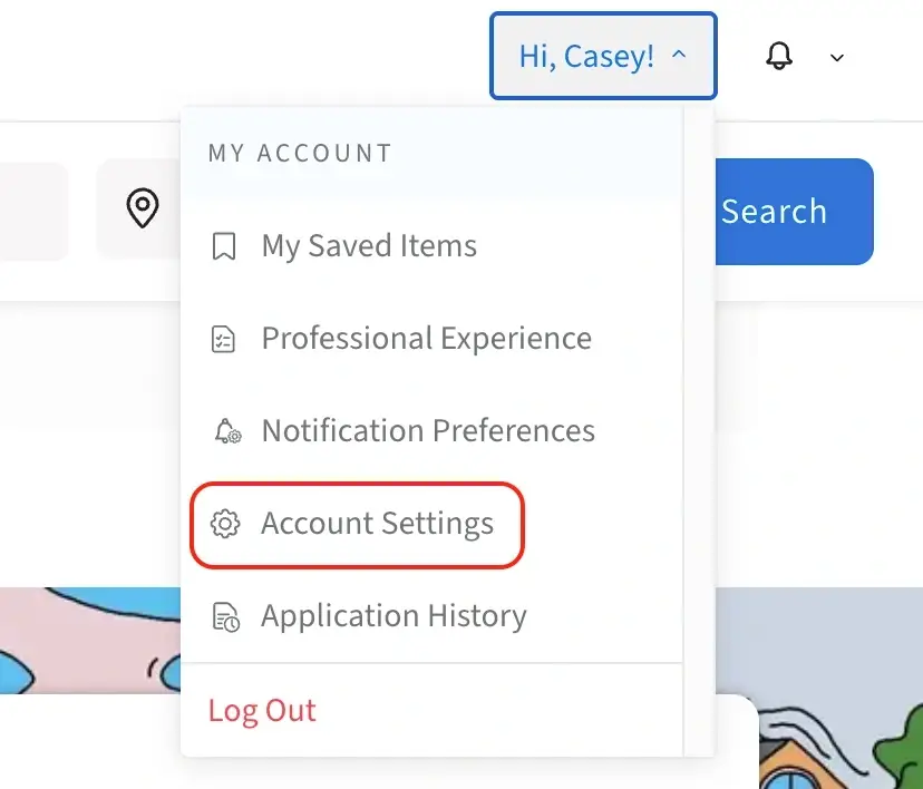 A screenshot of the Idealist website showing how to access account settings.